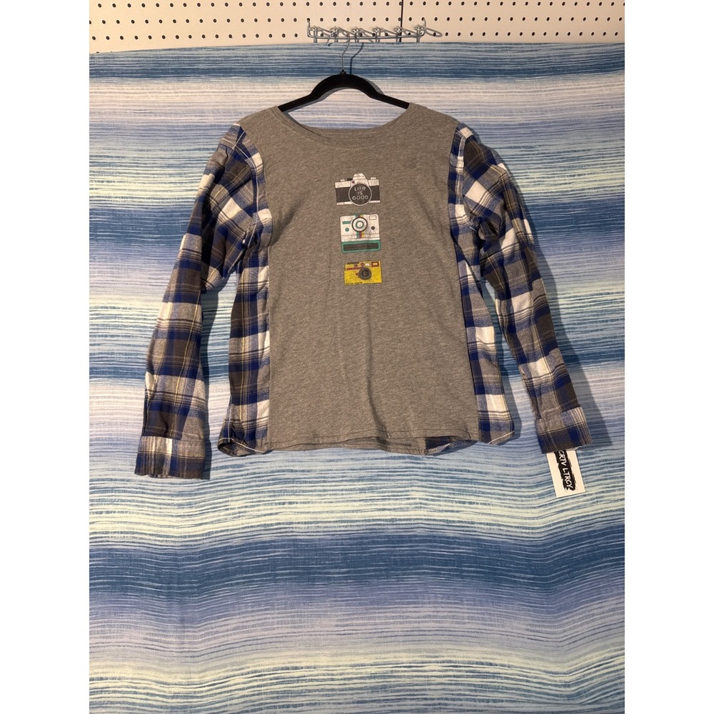 Upcycled Life is Good Camera‎ Graphic Flannel Hybrid Tee Grey Blue Womens Small